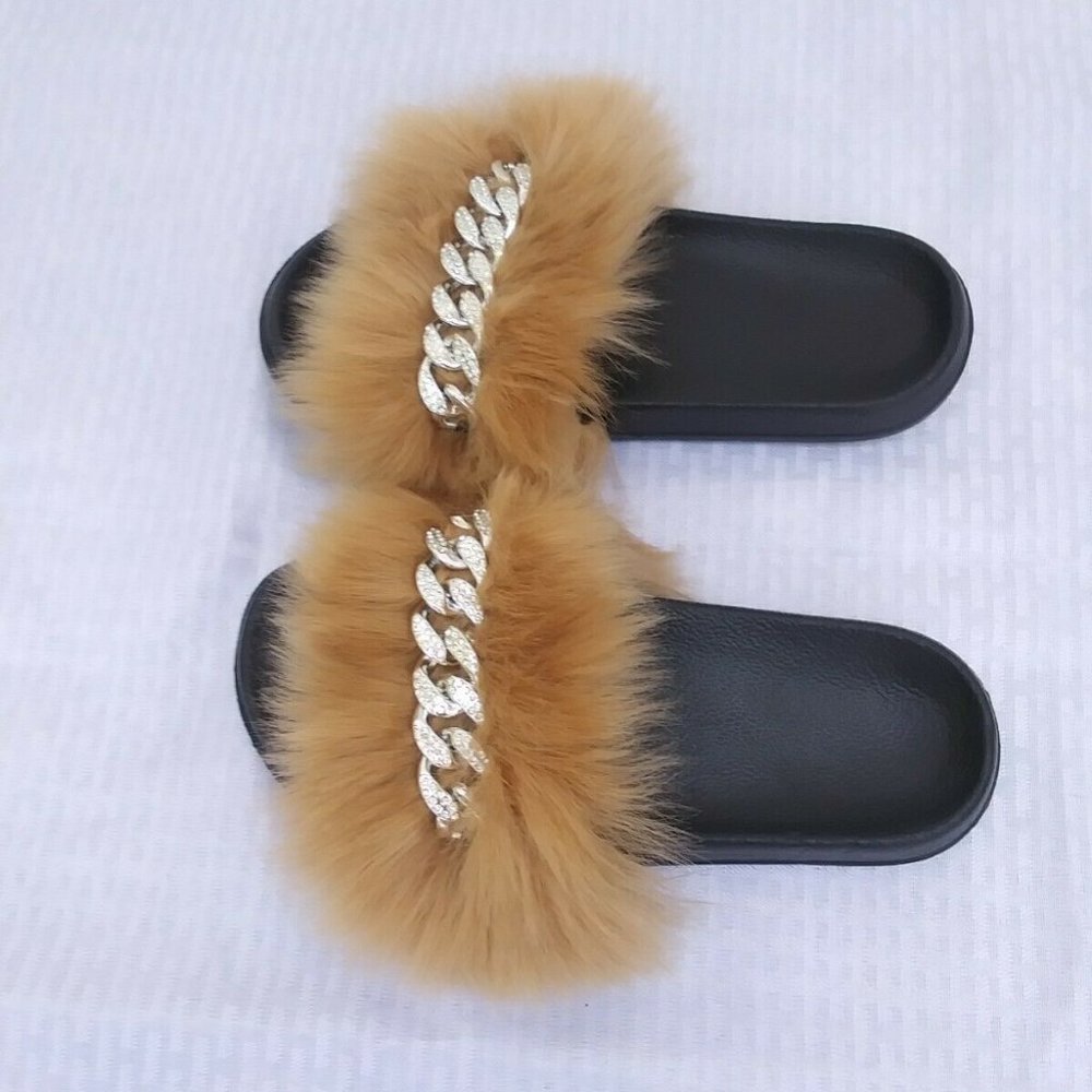 Brown Faux Fur Slides/Slippers/With Chain - Picture 4 of 9